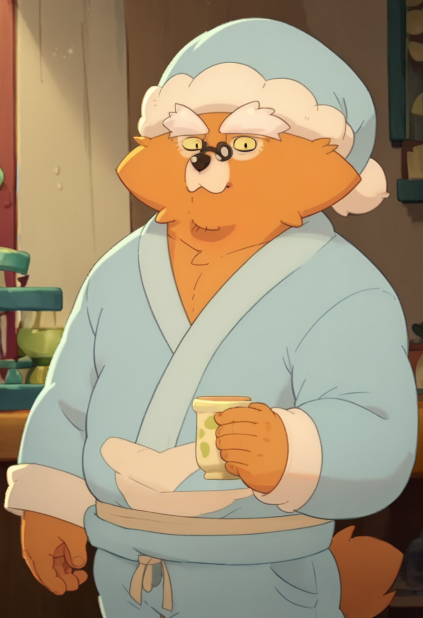 <lora:KanigrooPony1.0:1> Kanigroo, 1boy, pajamas, solo, nightcap, furry male, male focus, orange fur, thick eyebrows, upper body, indoors, glasses, cup, fat, old, horns score_9, score_8_up, score_7_up, score_6_up, score_5_up, score_4_up, looking at viewer,cowboy shot,