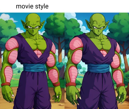 score_9, score_8_up, score_7_up, score_6_up, BREAK movie style, piccolo, 1boy, green skin, pink patches, slug antennae, purple dougi, purple pants, blue sash, serious,black eyes, outdoors, nature,bald,pointy ears,abs,nails,sharp fingernails, <lora:PiccoloPonyV2:1>