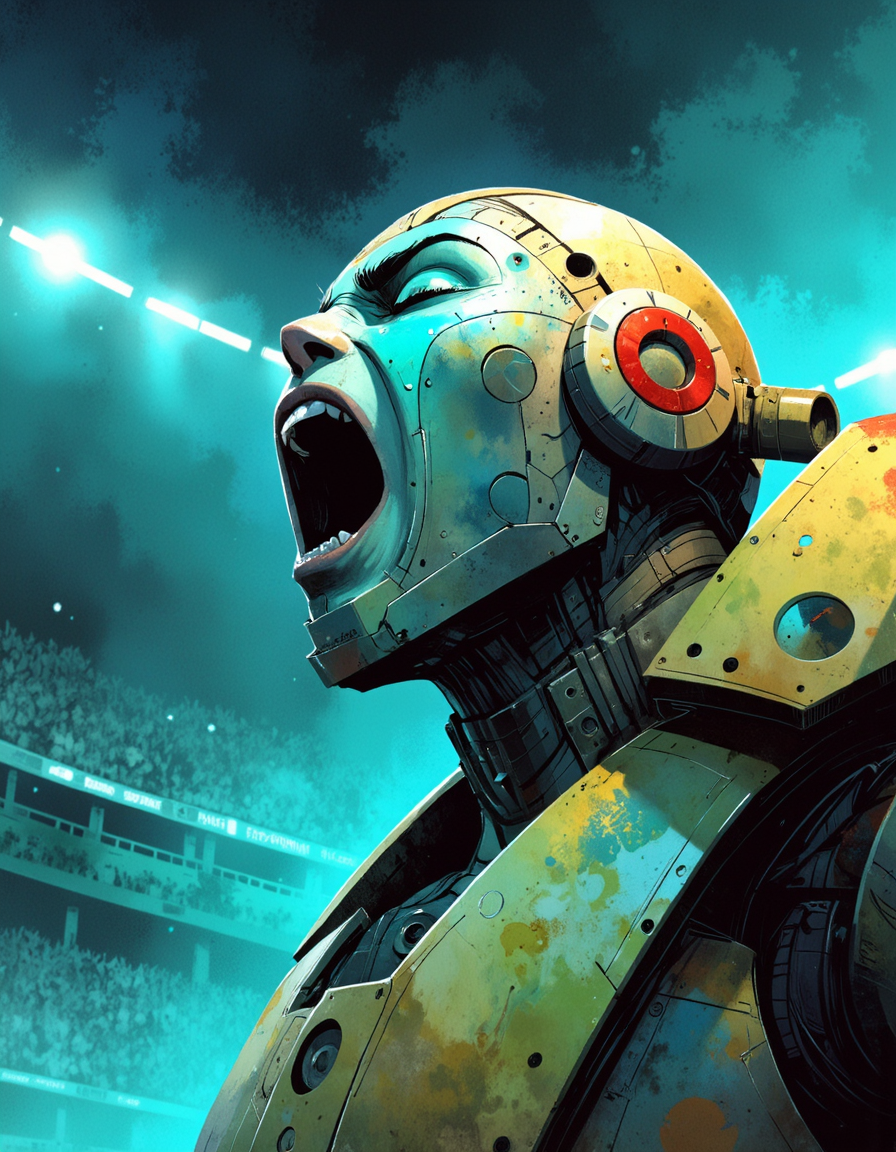 ppstorybook illustration of a brilliant closeup of a cyborg champion, its face glistening with mirrored metal plates and intricate fractal designs. The subject’s mouth is open in a triumphant cry, and arcs of turquoise energy dance across its cheeks, reflecting victory and exultation in a futuristic stadium lit by blazing spotlights.