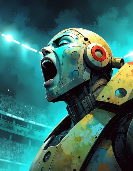 ppstorybook illustration of a brilliant closeup of a cyborg champion, its face glistening with mirrored metal plates and intricate fractal designs. The subject’s mouth is open in a triumphant cry, and arcs of turquoise energy dance across its cheeks, reflecting victory and exultation in a futuristic stadium lit by blazing spotlights.
