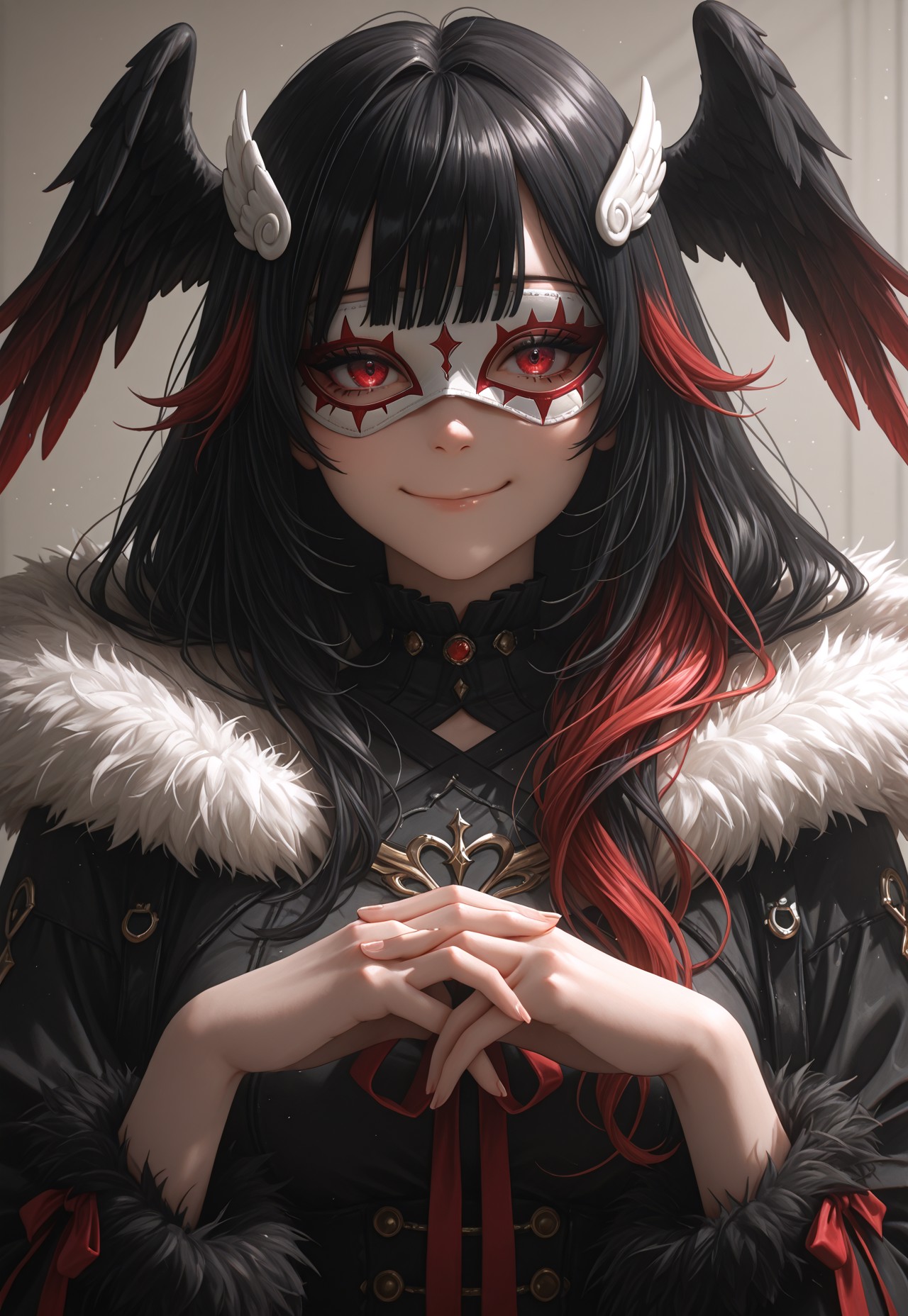 masterpiece, very aesthetic,F4UXM3D14, 1girl, solo, eye mask, long hair, multicolored hair, red eyes, mask, black hair, looking at viewer, smile, red hair, bangs, ribbon, head wings, white mask, fur trim, closed mouth, hair ornament, upper body, two-tone hair, own hands together, wing hair ornament, painterly, traditional media, gouache, oil paint, painting, faux traditional media