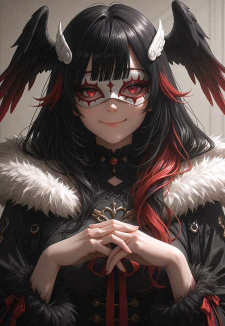 masterpiece, very aesthetic,F4UXM3D14, 1girl, solo, eye mask, long hair, multicolored hair, red eyes, mask, black hair, looking at viewer, smile, red hair, bangs, ribbon, head wings, white mask, fur trim, closed mouth, hair ornament, upper body, two-tone hair, own hands together, wing hair ornament, painterly, traditional media, gouache, oil paint, painting, faux traditional media