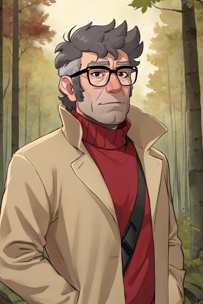 fordpines, 1boy, solo, male focus, mature male, old man, upper body, short hair, grey hair, brown eyes, thick eyebrows, glasses, black-framed eyewear, facial hair, stubble, sideburns, open clothes, beige coat, red turtleneck sweater, standing, outdoors, forest <lora:Stanford (Ford) Pines SDXL_LoRA_10r_10e_32i_nr32_a16_SDXL:0.7>