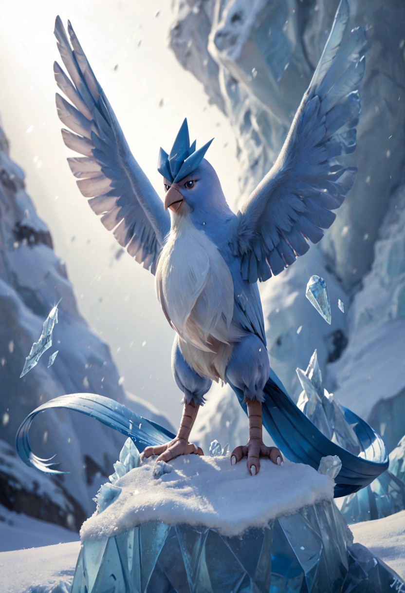 score_9, score_8_up, score_7_up, score_6_up, score_5_up, score_4_up, BREAK, solo, articuno, pokemon (creature), furry, avian, bird, blue feathers, ice, snow, dramatic lighting, realistic