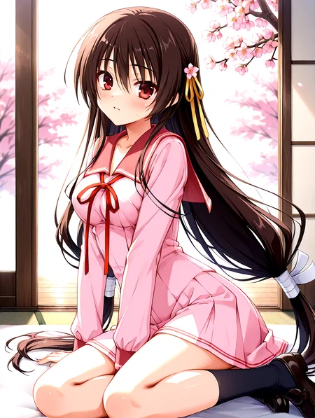 <lora:sakuyahime-tenshin-000009:1>,il-unohana-sakuya,1girl,schoolkamiseara,brown hair,red eyes,school uniform,pink serafuku,solo,red sailor collar,hair_tip tied cloths,(red thin_neck_ribbon),very long hair,yellow hair sakura ribbon,loafers,black socks,pleated skirt,
nsfw,explicit,<lora:add-detail-xl:1>,<lora:ponyv4_noob1_2_adamW-000017:0.8>,wear clothes,