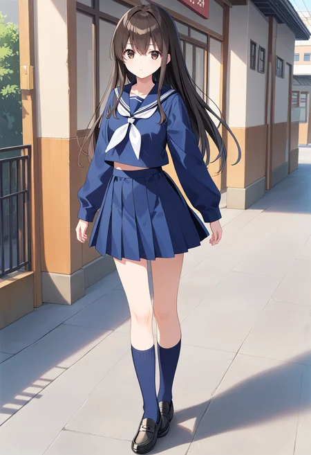 standing, blue serafuku, blue sailor collar, white neckerchief, blue sleeves, blue skirt, blue socks, black loafers, <lora:KC_04AC_akagi_pony:0.6> akagikc, black hair, brown hair, straight hair, brown eyes, black eyes, bangs, long hair, hair between eyes, sidelocks,, score_9,score_8_up, score_7_up, source_anime, masterpiece, best quality, official art, official style, game cg, megami magazine, rating_safe, rating_questionable, <lora:Fixhands_anime_bdsqlsz_V1:0.75>,