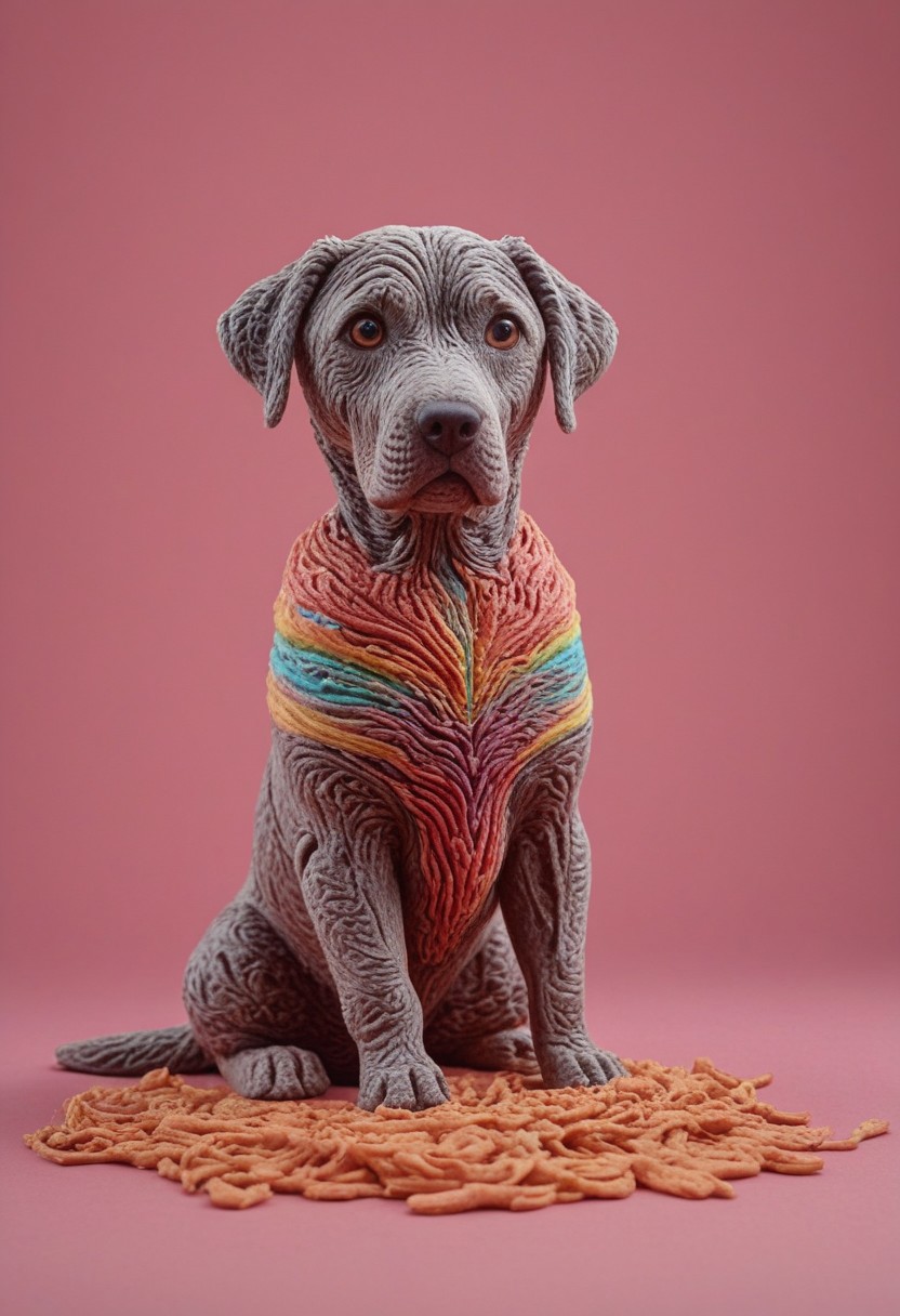 a cute chibby dog with big eyes made out of clay, he is eating food made of wagyu, very detailed, 4k, sharp, eating rainbow worms, novuschroma51 style
