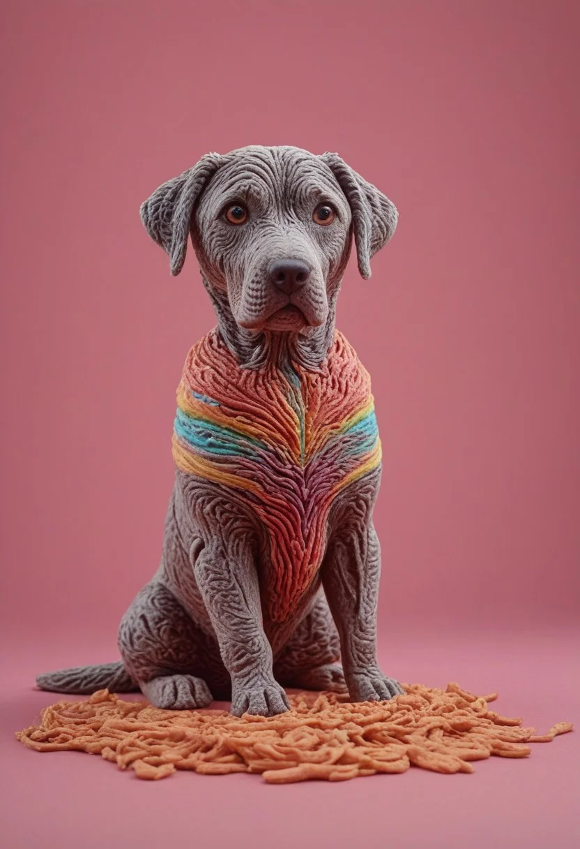 a cute chibby dog with big eyes made out of clay, he is eating food made of wagyu, very detailed, 4k, sharp, eating rainbow worms, novuschroma51 style