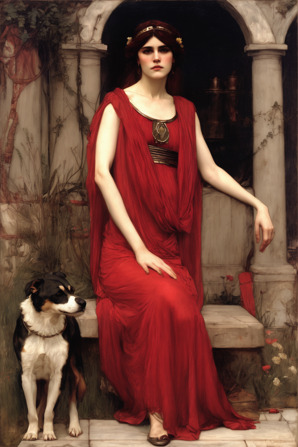 John William Waterhouse Style - A portrait of the priestress Circe wearing a lightweight crimson dress in the style of John-William Waterhouse