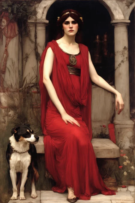 John William Waterhouse Style - A portrait of the priestress Circe wearing a lightweight crimson dress in the style of John-William Waterhouse