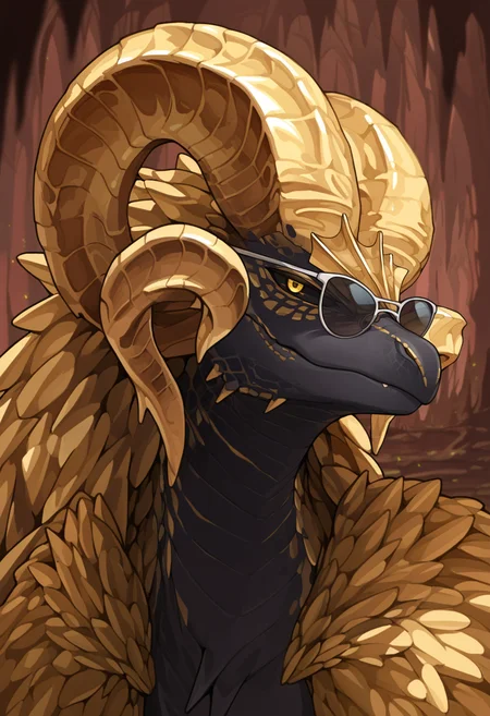 <lora:MH_KulveTaroth_a1_28_NoobXL-eps:1>,<lora:EatSleep1111StyleSDXL11:0.7>,<lora:merrytailSDXLstyle:0.3>,eatsleep1111,merrytail,masterpiece,best quality,amazing quality,high quality,very aesthetic,absurdres,newest,shaded,digital media \(artwork\),depth of field,mhkulv,solo,feral,detailed background,cave,yellow eyes,black sclera,(three-quarter view:1.2),(side view:0.5),goldmantle,smirk,sunglasses,headshot portrait,