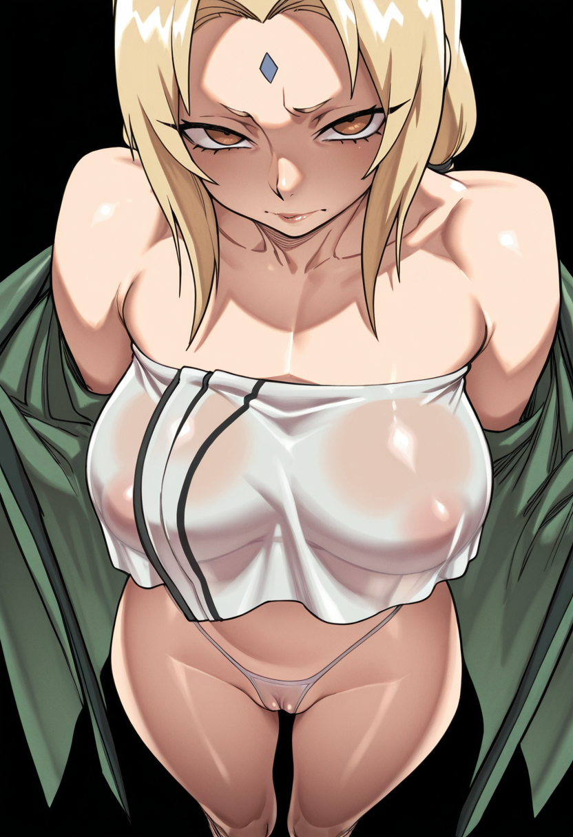 masterpiece, best quality,
From above, looking at viewer, half-closed eyes, 
tsunade \(naruto\), blonde hair , medium breasts,
white crop top, strapless, see-through clothes, crop top overhang, thong, cameltoe,,
simple background, black background,
 <lora:Zunta:0.8> Z0nt4,