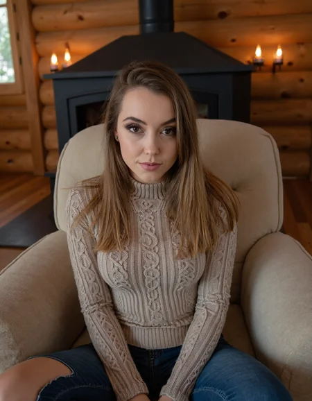 Subject: A woman sitting on a plush, oversized armchair in a cozy, rustic cabin surrounded by towering trees and a crackling fireplace.
Lighting: Warm, golden light from the fire casting a cozy ambiance.
Camera Angle: Eye-level shot, looking straight at the woman's face as she gazes out at the viewer.
Composition Style: Leading lines of the chair and surrounding decor converge to her eyes.
Clothing: High-necked, long-sleeved sweater in soft, earthy tones with a chunky knit pattern.