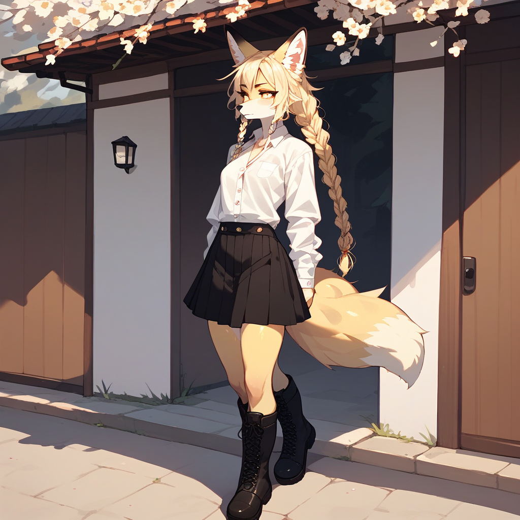 score_9, score_8_up, score_7_up, Kimiko, an anthro furry fox girl, yellow furry body, blonde braided hair, wearing white button up shirt, black skirt, black boots, standing, outdoors,