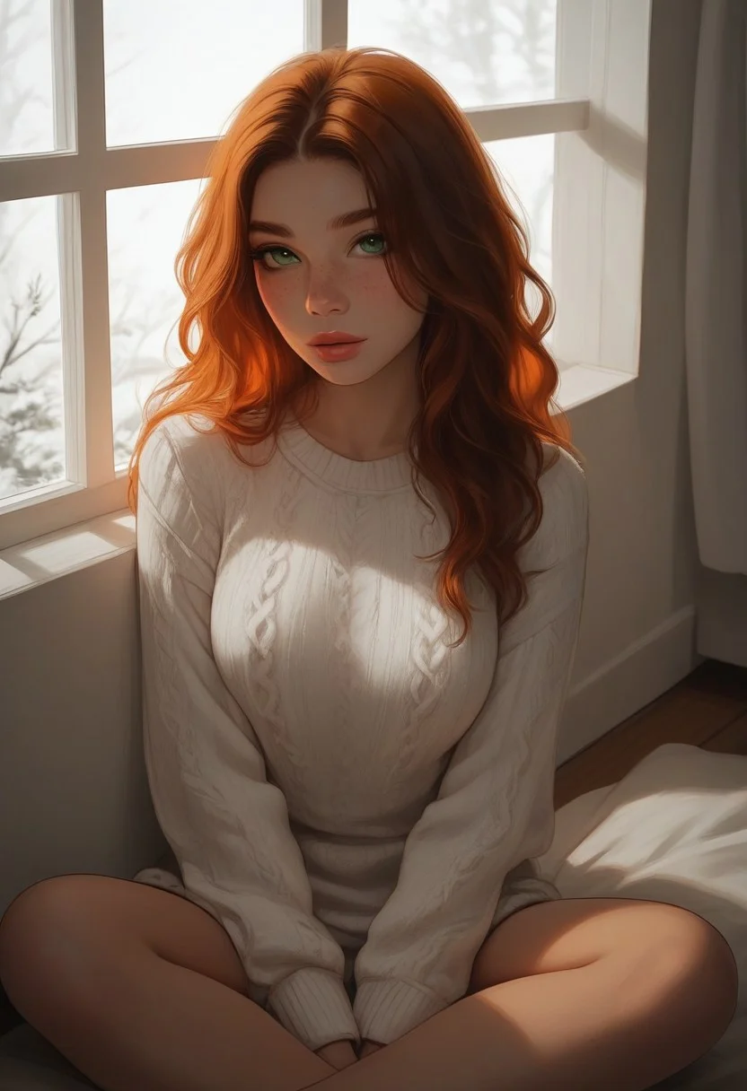 masterpiece, score_9, score_8_up, score_7_up, EasyNegative_v2, (best quality:1.1), ultra-detailed, high resolution, super detailed skin, Highly Visible, 8k, sharp focus, beautiful, perfect lighting, smooth edges, girl, 18 year old girl, cute innocent girl, solo, posing, petite, slender body, large perky round breasts, green eyes, ((freckles, freckle details)), full lips, slim legs, ginger, wavy hair, long hair, soft beige knitted sweater, sitting on cutie, sitting by window, subtle texture, cozy winter style, sitting by rainy cafe window, window reflection, soft rain atmosphere, soft indoor lighting, indoor warmth, soft natural lighting, high angle