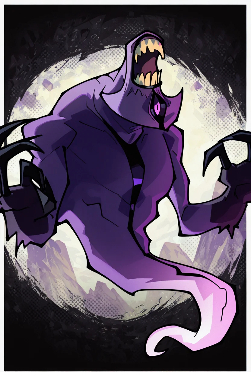 <lora:zskayr-10:1> zskayr, no humans, solo, monster, teeth, black claws, pokemon (creature), single purple eye, , purple skin, sharp teeth, , black sclera,, ghost tail, upper body, , no legs, dynamic pose, cowboy shot,  <lora:sakfsdajfkasd:1> alpharecdyt,, masterpiece, best quality, amazing quality, very aesthetic, absurdres, newest,, upper body, halftone effect, white borders, abstract background:1.2,