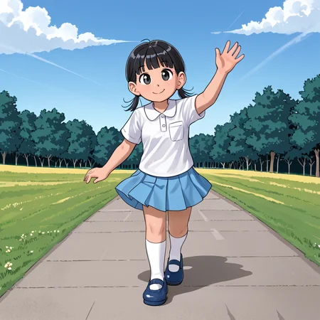 outdoors, <lora:MagaliV2:1> MagaliTDM, 1girl, solo, shirt, short sleeves, shoes, socks, white socks, mary janes, blue footwear, white shirt, pleated skirt, blue skirt, blue footwear, black hair, three strands of hair that seem to resemble pigtails, black eyes, short, walking, waving, smile,