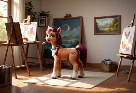 score_9, score_8_up, score_7_up, score_6_up, score_5_up, score_4_up, sunny starscout,
earth pony, pegasus pony, g5, inside, rich colors, artist workshop, presents a painting of rabbits, aroused, front view, detailed background, pony, solo, detailed, 8k quality, side view, beautiful, teasing, easel and brushes, leaned to the floor, close up,