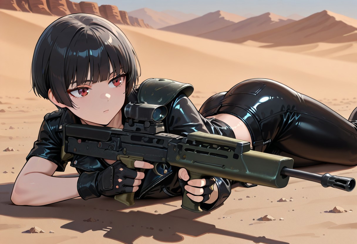 masterpiece, best quality, absurdres, 1girl, solo, female focus, black hair, bowl cut, trwjkt, leather jacket, asymmetrical clothes, asymmetrical sleeves, single pauldron, zipper, zipper pull tab, leather pants, prone, on stomach, lying, SA80, holding gun, bipod, gloves, fingerless gloves, outdoors, desert