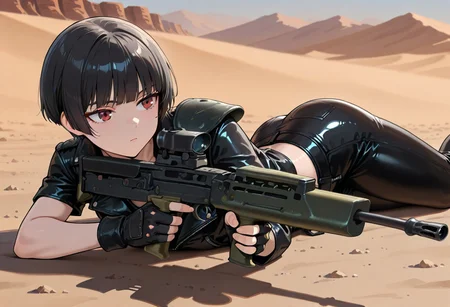 masterpiece, best quality, absurdres, 1girl, solo, female focus, black hair, bowl cut, trwjkt, leather jacket, asymmetrical clothes, asymmetrical sleeves, single pauldron, zipper, zipper pull tab, leather pants, prone, on stomach, lying, SA80, holding gun, bipod, gloves, fingerless gloves, outdoors, desert