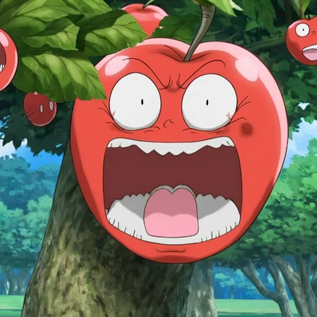 <lora:sapple_SDXL-000001:0.6>
sapple,outdoors, tree,screaming, apple face,
blank eyes, wide-eyed, clenched teeth, blush, day, pokemon (creature), sweat, food focus, colored skin,
best quality, high quality, highres, masterpiece,