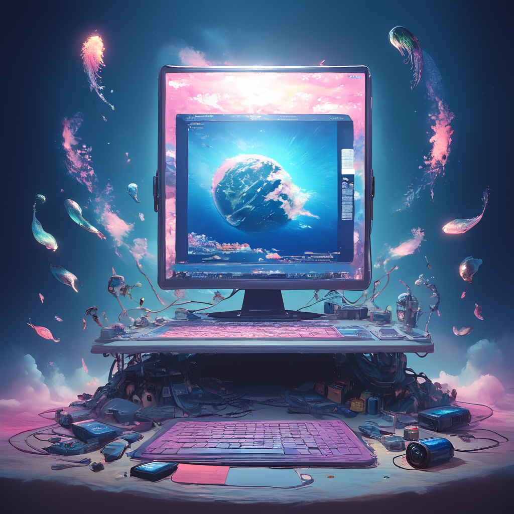 score_9, score_8_up, score_7_up, <lora:VaporwavePonyV2:1> ArsMJStyle,  Vaporwave, An old-school desktop computer on a marble plinth, surrounded by floating dolphins and wireframe spheres. The screen displays a looping animation of a spinning Arizona iced tea can.