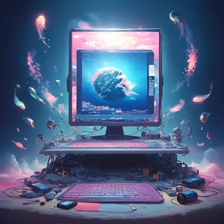 score_9, score_8_up, score_7_up, <lora:VaporwavePonyV2:1> ArsMJStyle, Vaporwave, An old-school desktop computer on a marble plinth, surrounded by floating dolphins and wireframe spheres. The screen displays a looping animation of a spinning Arizona iced tea can.