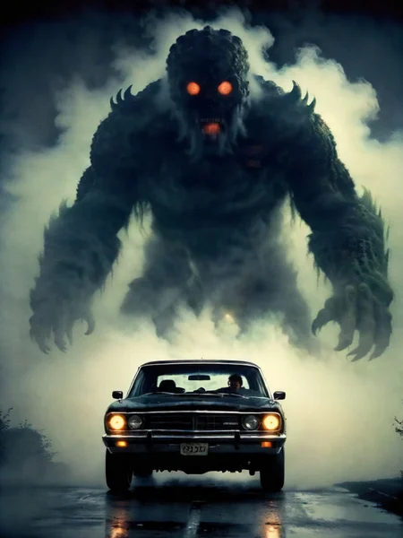 <lora:panos_cosmatos_final:1>,
film, (mega:1.2) monster chasing car, retro, black background, mist and fog, low focal angle, closeup, (midnight:1.2), nuclear exposion