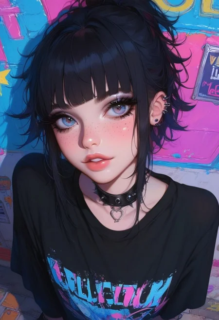 score_9, score_8_up, score_7_up, score_6_up, score_5_up, score_4_up, aesthetic, newest, 1girl, solo, emo style, cute face, beautiful girl, kawaii, bangs, black hair, long eyelashes, petite body, emo clothes style, punk style, semi-realism, graffiti signs, holographic billboards and other cool stuff, dynamic angle, cute pose, freckles,