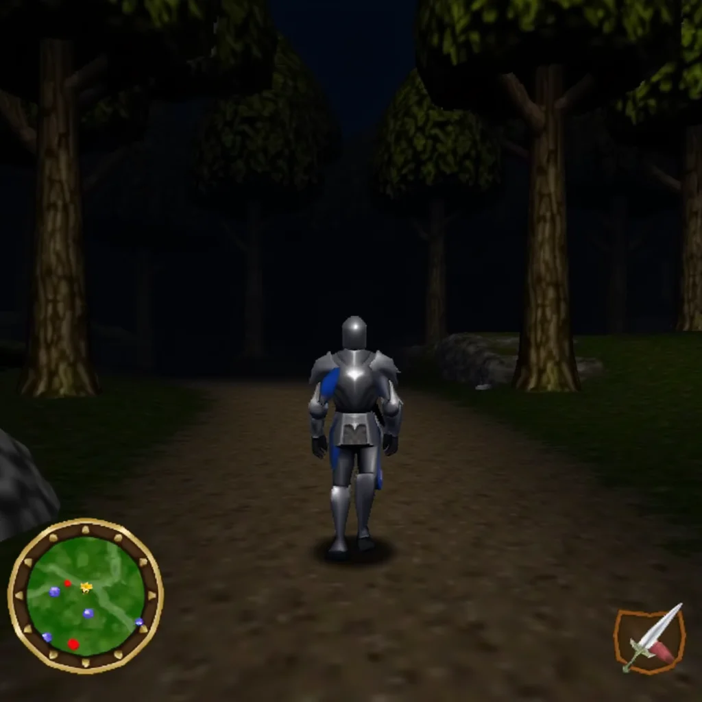 video game screenshot of a 3rd person view of a knight wearing a shiny armor and walking in a dark forest, 3d graphics, circular mini map on bottom left , health bar at the bottom, and the right shows a sword icon as the equipped item, video game style, <lora:N64_Game_Style_F1D:1> n64style, flat lighting, low resolution, crt scanlines, low poly