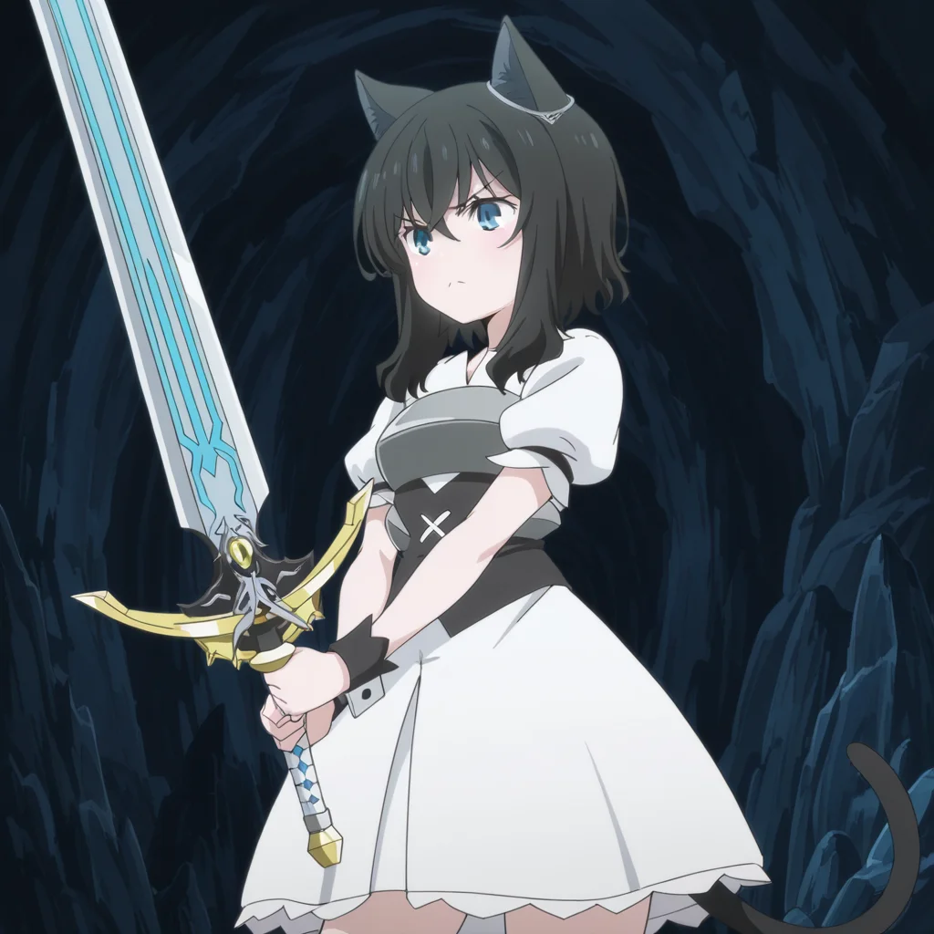 nsfw, masterpiece,best quality,amazing quality,1girl, solo, reincarnated_as_a_sword_fran, frown, weapon, animal ears, sword, cat ears, dress, holding weapon, black hair, blue eyes, puffy sleeves, white dress, short sleeves, bangs, cat tail, puffy short sleeves, hair between eyes, tail, cave, <lora:Fran_-_Reincarnated_as_a_Sword:0.7>