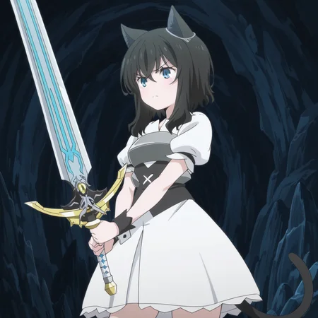 nsfw, masterpiece,best quality,amazing quality,1girl, solo, reincarnated_as_a_sword_fran, frown, weapon, animal ears, sword, cat ears, dress, holding weapon, black hair, blue eyes, puffy sleeves, white dress, short sleeves, bangs, cat tail, puffy short sleeves, hair between eyes, tail, cave, <lora:Fran_-_Reincarnated_as_a_Sword:0.7>