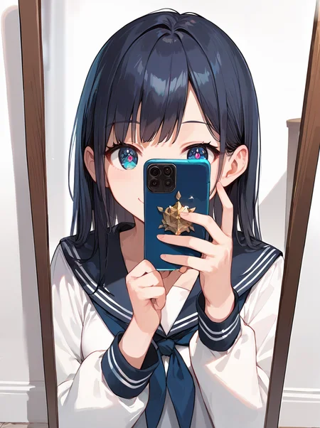 score_9, score_8_up, score_7_up,source_anime, high res image,masterpiece,best quality,(woman:1.0),cute face,clear skin,shiny hair,ultra detailed eyes,simple background,serafuku,smile, <lora:holding smartphone_pony_V1.0:0.8> holding smartphone, selfie, mirror, reflection