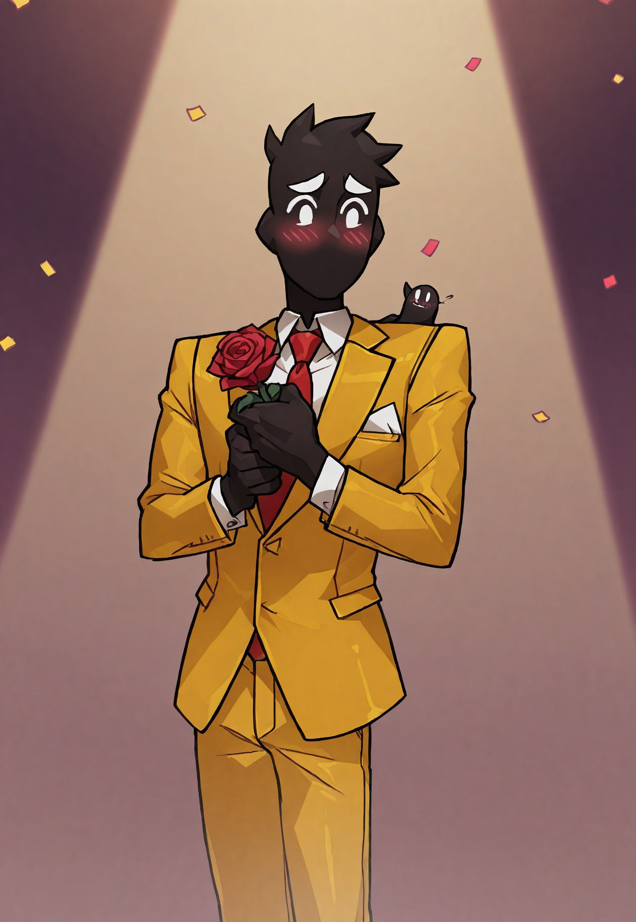 , safe_pos, solo, masterpiece, detailed, uwa, huge filesize, ultra hd, best quality, male focus, (absurdres, highres),
1boy, Oz_Mp, black skin, yellow suit, white shirt, red necktie, yellow pants, handing rose to viewer, confetti, spotlight, blush, embarrassed