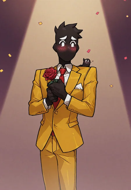 , safe_pos, solo, masterpiece, detailed, uwa, huge filesize, ultra hd, best quality, male focus, (absurdres, highres),
1boy, Oz_Mp, black skin, yellow suit, white shirt, red necktie, yellow pants, handing rose to viewer, confetti, spotlight, blush, embarrassed