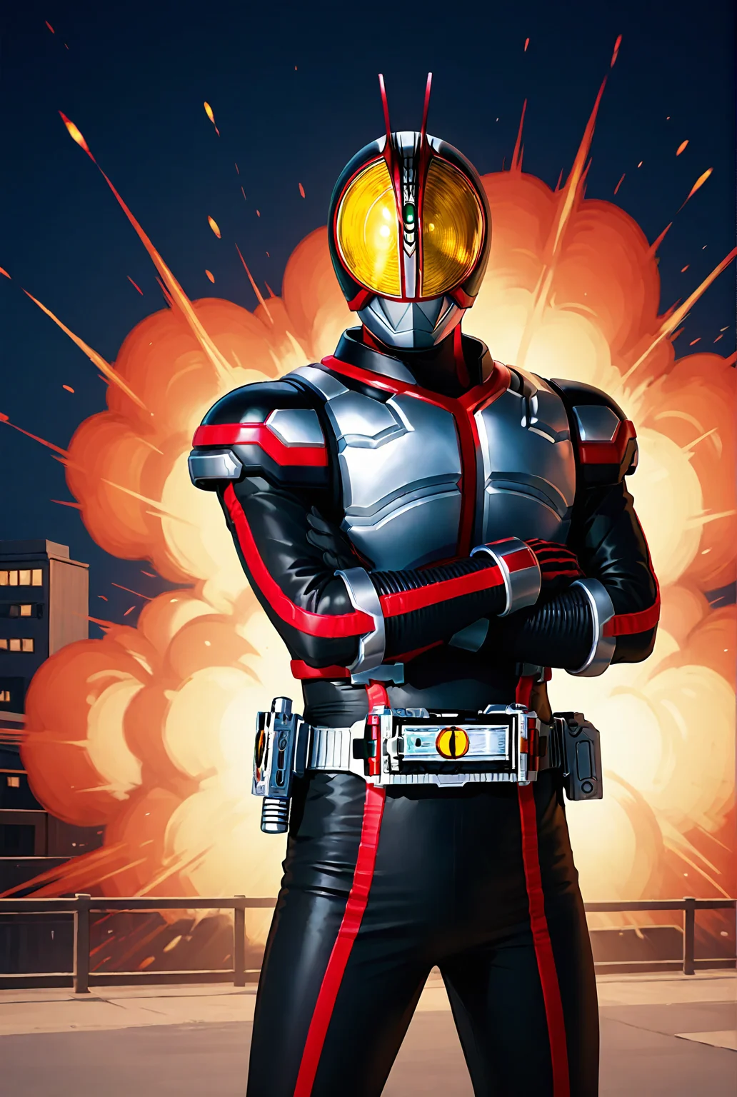 score_9,score_8_up,score_7_up,male focus,ultra-detailed,high resolution,digital painting,8k,1boy,solo,cowboy shot,male focus,detailed face,helmet,armor,bodysuit,belt,tokusatsu,black bodysuit,standing,crossed arms,looking at viewer,fire,explosion,<lora:add-detail-xl:1>,<lora:KamenRider Faiz[illustrious]:0.7>,kamenrider faiz,kamen rider,