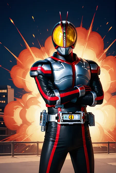 score_9,score_8_up,score_7_up,male focus,ultra-detailed,high resolution,digital painting,8k,1boy,solo,cowboy shot,male focus,detailed face,helmet,armor,bodysuit,belt,tokusatsu,black bodysuit,standing,crossed arms,looking at viewer,fire,explosion,<lora:add-detail-xl:1>,<lora:KamenRider Faiz[illustrious]:0.7>,kamenrider faiz,kamen rider,