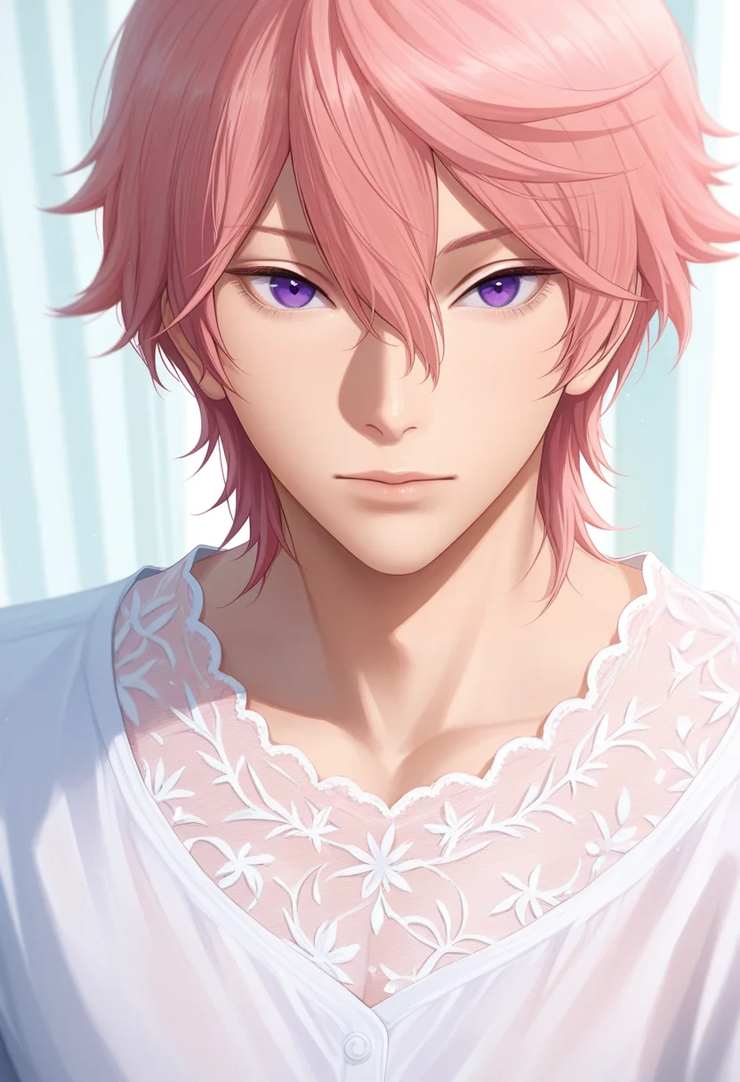 masterpiece, best quality, intricate details, (realistic:0.6), looking at viewer, 1boy, solo, male focus, <lora:kisumi_shigino_ilxl:0.94>, kisumi_shigino, pink hair, purple eyes, hair between eyes, ,