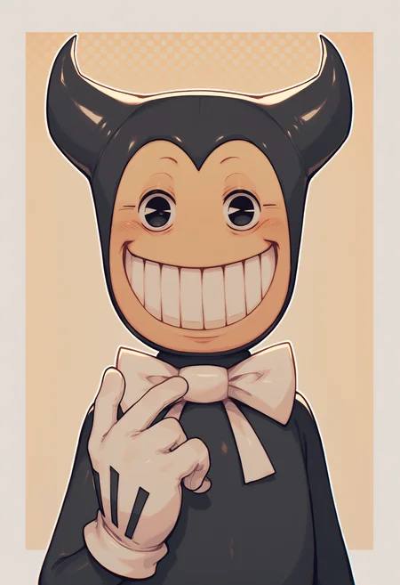 <lora:ollie_PDXL_Mlaofmd-09:1.0> score_9, score_8_up, score_7_up, 1boy, ollie, bendy the dancing demon, black skin, 2 horns, black eyes, smile, grin, bow tie, gloves, (upper body), halftone effect, white borders, abstract background:1.2, looking at viewer,