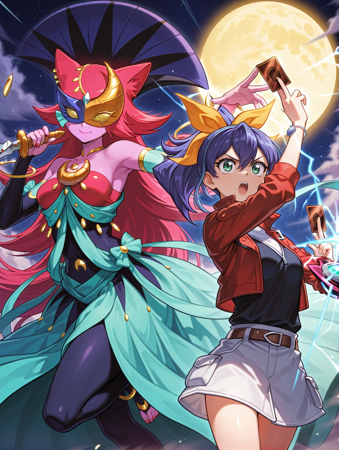 2girls:1.2,moon,
BREAK smile,cat girl,black elbow gloves,dancer outfit,lunalight cat dancer,gold domino mask,purple jester cap,covered eyes,pink skin,black toeless legwear,dagger,holding dagger,
BREAK serena \(yu-gi-oh!\),open mouth,yellow hair ribbon,red cropped jacket,shirt,white skirt,bracelet,card,holding card,duel disk,
masterpiece,best quality,amazing quality,very aesthetic,absurdres,newest,<lora:Serena and Lunalight part A illuXL v1.2:0.8>,