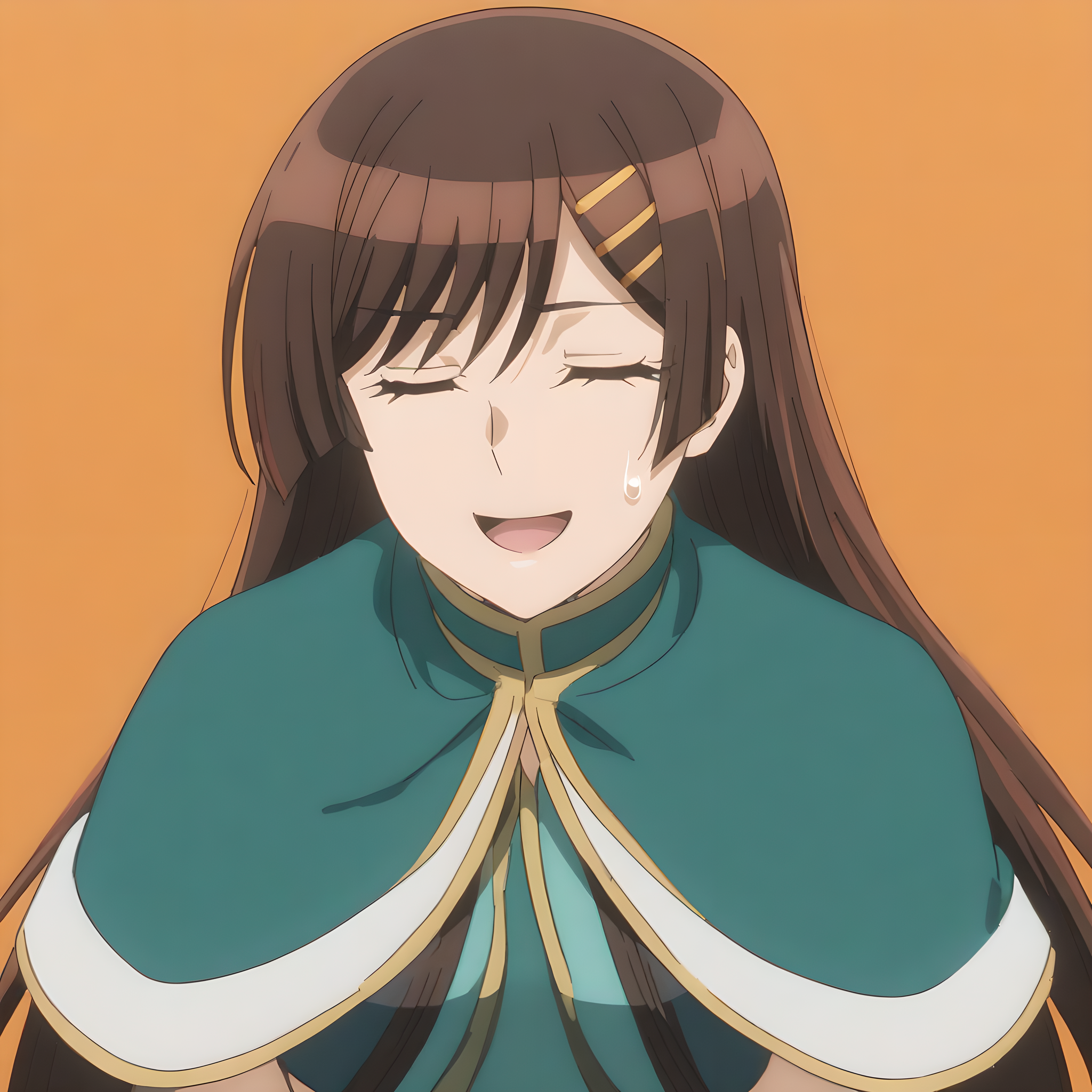 otonashi_hibiki, solo, closed eyes, 1girl, hairclip, hair ornament, brown hair, sweatdrop, open mouth, long hair, orange background, upper body, smile, school uniform, capelet, ^ ^<lora:Otonashi_Hibiki:1>