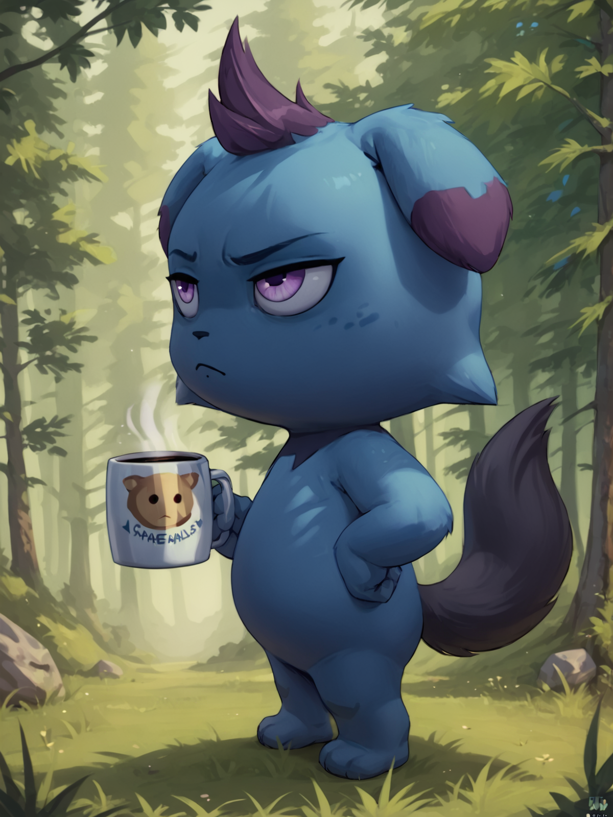 score_9, score_8_up, score_7_up, score_6_up, score_5_up, score_4_up, forest, side view, full body BREAK
<lora:Depresso:1> depresso, blue body, purple eyes, looking up, holding mug, coffee mug, hand on hip, standing