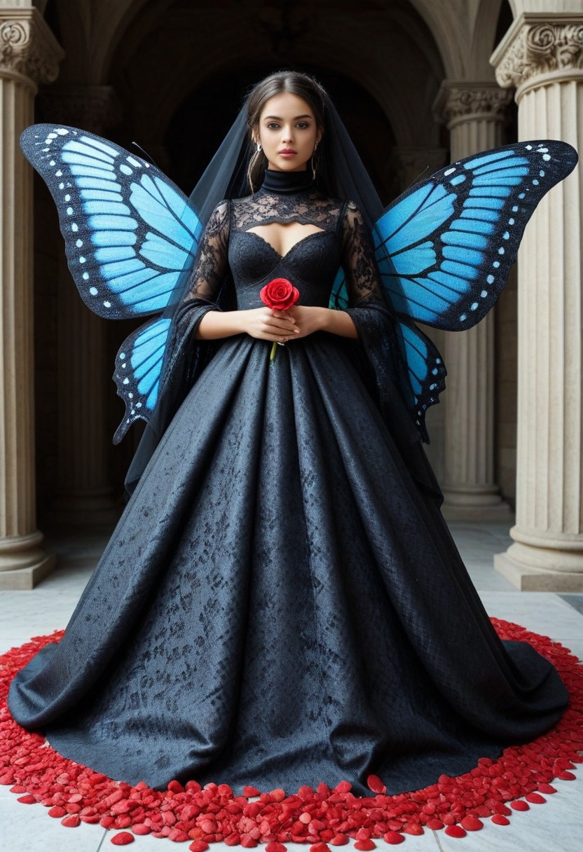 score_9, score_8_up, score_7_up, score_6_up, rating_safe,  view from below, full body, dark_ skin kwf girl,  semi_realistic, detailed face, emo  pink makeup, short hairs, veil made from  lace, (turtleneck  dress with  carbonfiber embroidery), delicate but oversized butterfly wings made of carbon fiber,  Her wings somehow stealing light ,star shaped eye pupils, looking down,
biolumen, holding a single white rose made from ruby, the  contur of the rose petals glow like starry night, inside dark misterius temple, dim light, intricate details, horror theme,  detailed background, detailed rastr, matte_color, flat_color, ScribbleRay