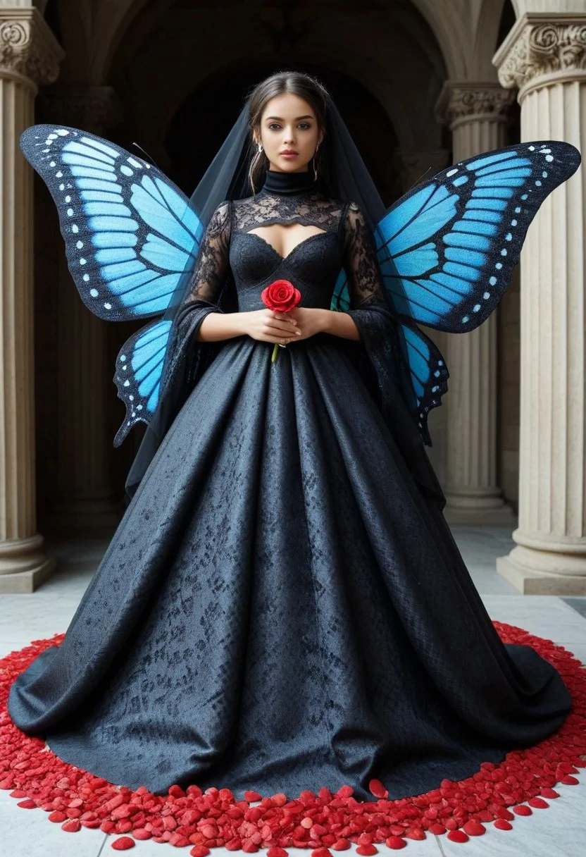 score_9, score_8_up, score_7_up, score_6_up, rating_safe, view from below, full body, dark_ skin kwf girl, semi_realistic, detailed face, emo pink makeup, short hairs, veil made from lace, (turtleneck dress with carbonfiber embroidery), delicate but oversized butterfly wings made of carbon fiber, Her wings somehow stealing light ,star shaped eye pupils, looking down,
biolumen, holding a single white rose made from ruby, the contur of the rose petals glow like starry night, inside dark misterius temple, dim light, intricate details, horror theme, detailed background, detailed rastr, matte_color, flat_color, ScribbleRay