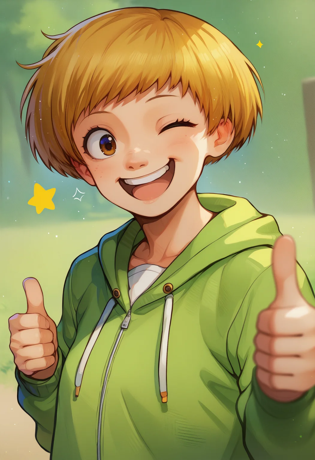 score_9, score_7_up, <lora:fluffydango-guy-PONY-DORAv2:1>, 1girl, solo, (satonaka chie):0.7, portrait, green hoodie, depth of field, smile, happy, excited, outdoors, thumbs up, one eye closed