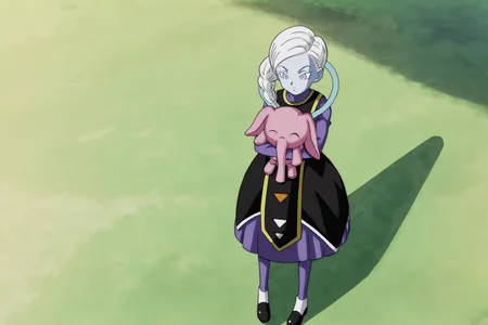 source_anime, score_9, score_8_up, score_7_up, anime screencap,8k, absurd res,
kusu \(dragon ball\), 1girl, solo, long hair, single braid, side ponytail, braid, black dress, purple eyes, white hair, colored skin, stuffed toy, holding stuffed toy, stuffed animal, stuffed elephant, from above, grass, v-shaped eyebrows, underskirt, undershirt, turtleneck, sleeveless dress, two tone shoes, purple topwear, purple legwear, purple skirt, print dress, official style, neck ring, long sleeves, long skirt, looking at viewer, gold trim, blue skin, pantyhose, black footwear, white footwear
 <lora:kusu_pony_v1:0.8>