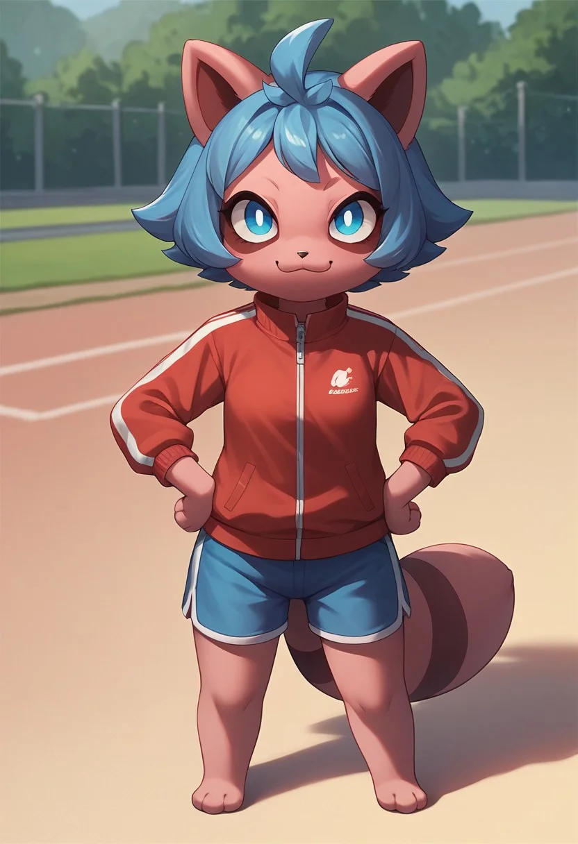 score_9, score_8_up, score_7_up, score_6_up, score_5_up, score_4_up,
short hair, black hair, animal ears, blue hair, multicolored hair, furry, furry female,body fur, raccoon girl, raccoon tail, tail, shirt, jacket, white shirt, shorts, red jacket, blue shorts, track jacket, outside, front view, full body BREAK
<lora:Cattiva_PDXL-000005:1> cattiva, pink body, yellow belly, blue eyes, looking at viewer, hands on hips, tail
Shorty, random pose