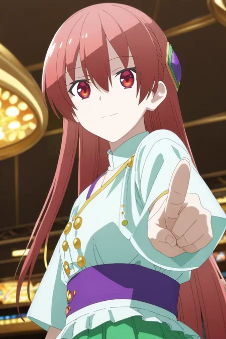 score_9, score_8_up, score_7_up, source_anime, rating_safe, intricate details, anime screencap, anime coloring, , looking at viewer, , 1girl, solo, <lora:tsukasa_yuzaki_pony:0.98>, tsukasa_yuzaki, red hair, red eyes, long hair, hair between eyes, bangs, from below, las vegas, casino, light, pointing, light smile, mardi gras costume, <lora:sdxl_lightning_8step_lora:1>