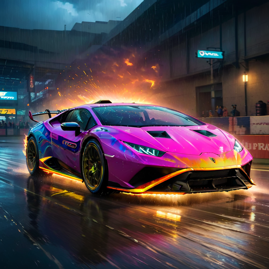 HuracánCar,sports car,masterpiece, <lora:Huracán_XL:0.8>,multi color,
with flames, photorealistic, high-tech, cyberpunk ,racing, light trails, masterpiece, rain, fast, 4k, storm