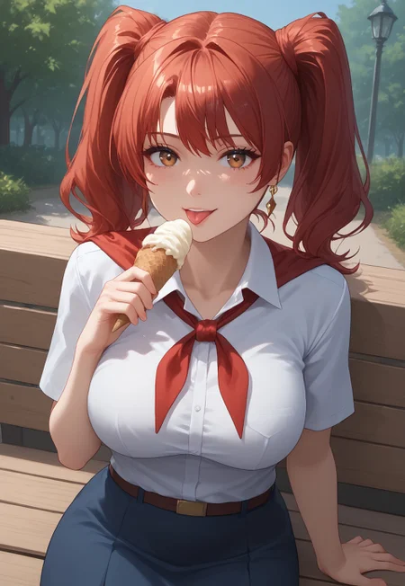 safe_pos, score_9, score_8_up, score_7_up, <laura:expressive_n: 1>, expressive_n, detailed eyes, beautiful, detailed background, perfect eyes,, expressive, 1 girl, visual novel character, sexy 20 year old girl, solo, <lоra: ikarus-chan_close:0.70>, hort hair, red hair, two ponytails, shoulder-length ponytails, brown eyes, big chest,1 girl, big breasts, white collared shirt, simple, red neckerchief, blue skirt, belt, 8k, best quality, masterpiece, (ultra-detailed:1.1), sitting, on a bench, holding, licking, tongue sticking out, ((licking an ice cream cone)), park, bench, peaceful, looking at the viewer, shot of a cowboy, seductive smile, sexually suggestive, sexy pose, sensual atmosphere, erotic, seductive pose, seductive look, dynamic angle, skin_detail, lustrous_skin, skin design, natural breasts, beautiful face, perfect face, pretty face, perfect eyes, beautiful eyes, expressive eyes, perfect breasts, wide hips, perfect body, perfect light,